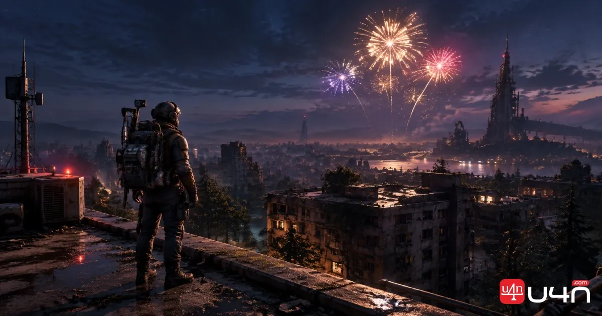 ARC Raiders raider setting off fireworks from a rooftop in the Santa Maria houses area