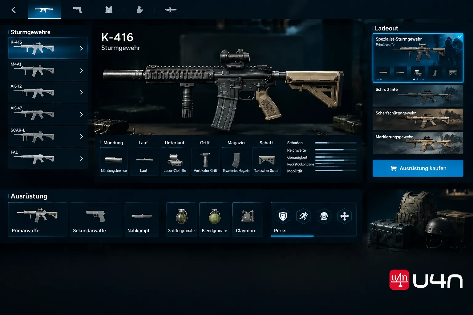 MW4 DMZ weapon selection and loadout menu showing a customized assault rifle
