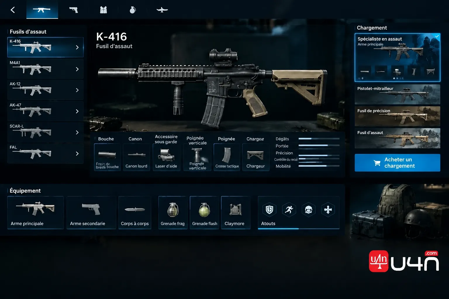 MW4 DMZ weapon selection and loadout menu showing a customized assault rifle