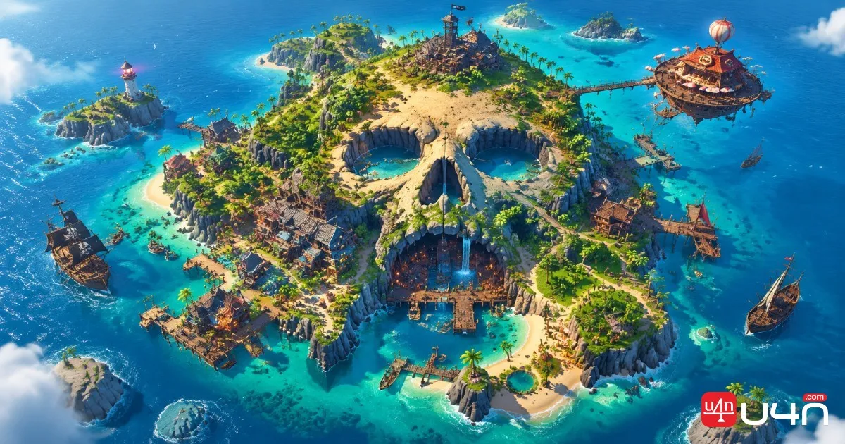 Concept illustration of a skull-shaped Fortnite island featuring One Piece-inspired locations