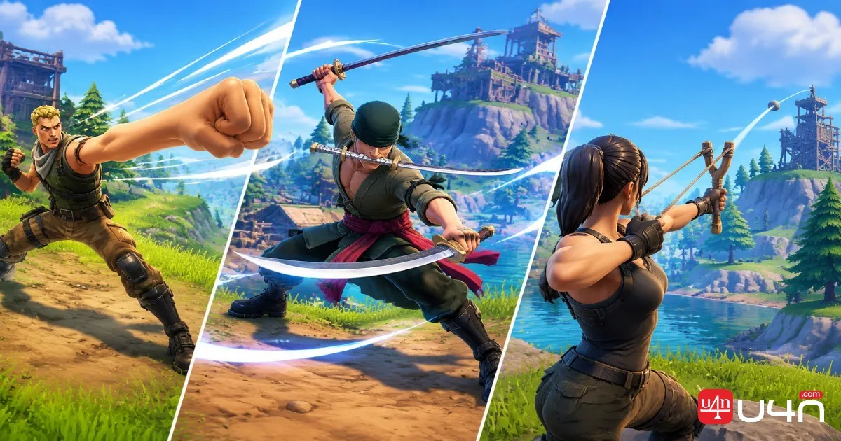 Concept artwork illustrating Luffy's stretching attacks, Zoro's three-sword fighting style, and Usopp's slingshot