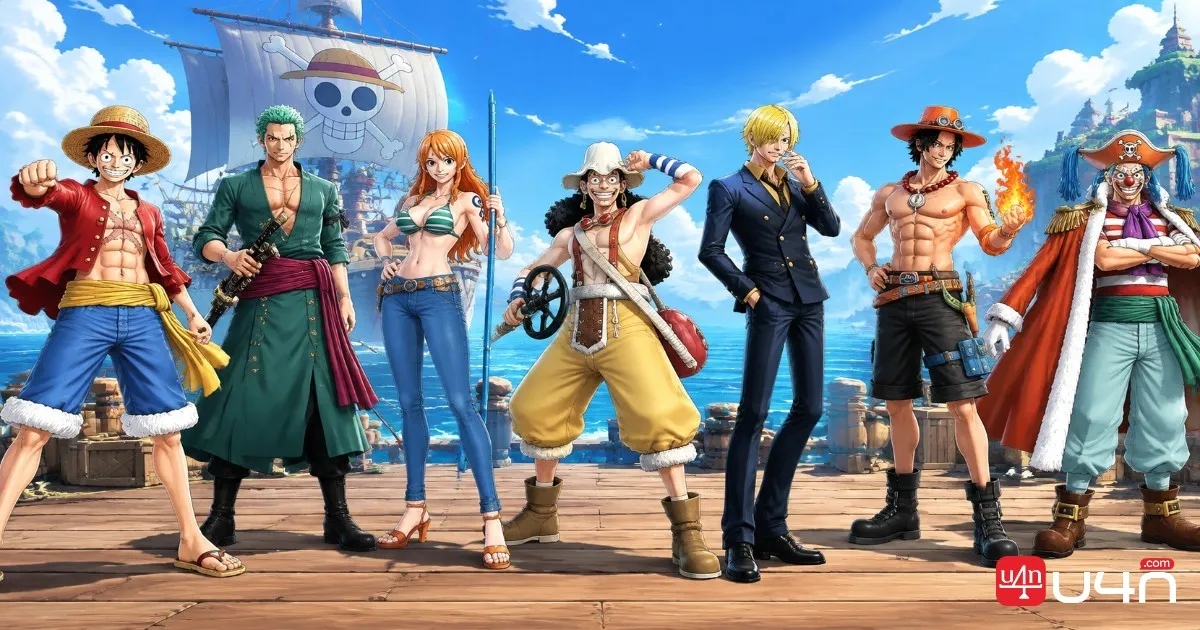 Concept character lineup featuring Luffy, Zoro, Nami, Usopp, Sanji, Portgas D. Ace, and Buggy