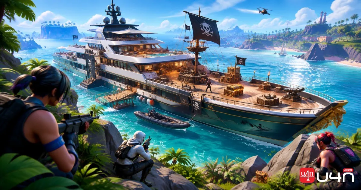 Fortnite-style concept scene featuring a luxury yacht, ocean surroundings, and a potential combat encounter