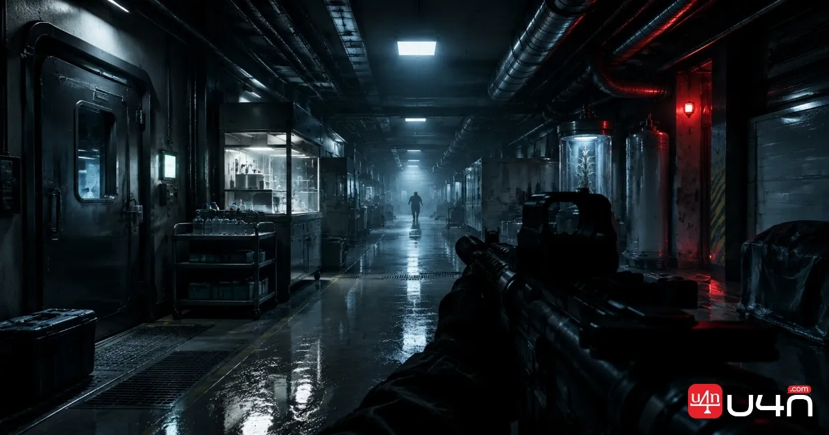 Escape from Tarkov underground laboratory corridor with dim lighting and industrial equipment