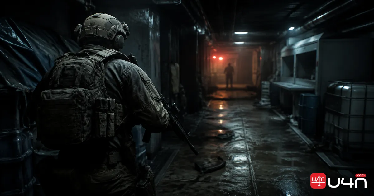 Tactical PMC character cautiously exploring a dark industrial laboratory corridor in Escape from Tarkov