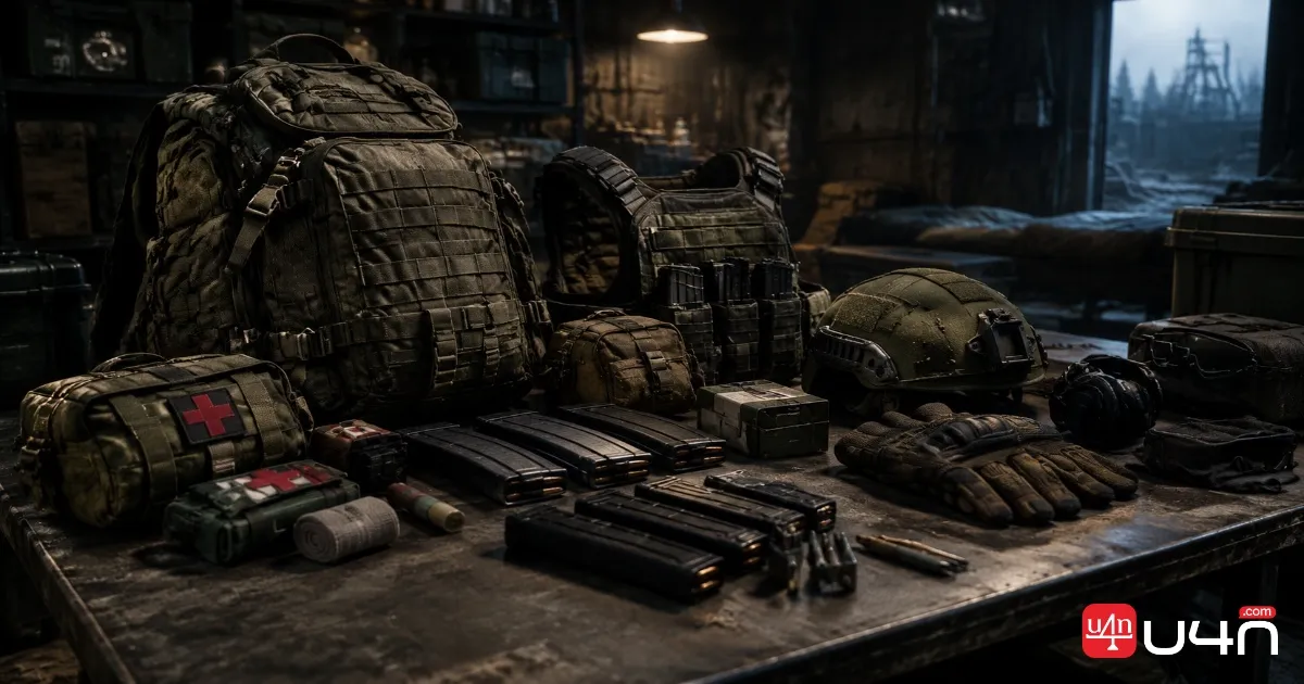 Tactical equipment, backpack, magazines, and medical supplies arranged for a high-risk Escape from Tarkov raid