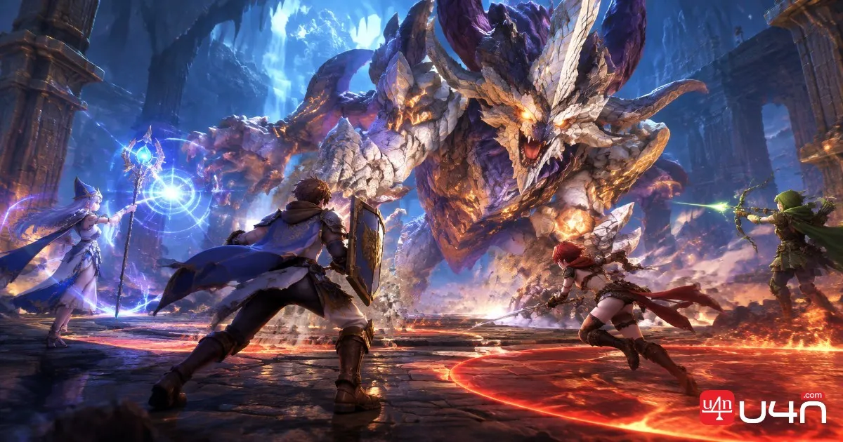 Fantasy MMORPG party preparing to fight a powerful seasonal dungeon boss