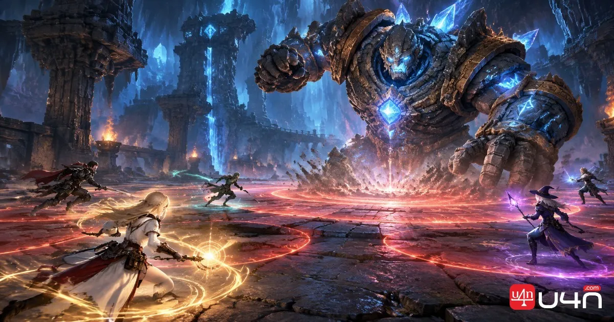 Fantasy MMORPG endgame encounter emphasizing boss attack patterns and coordinated party positioning