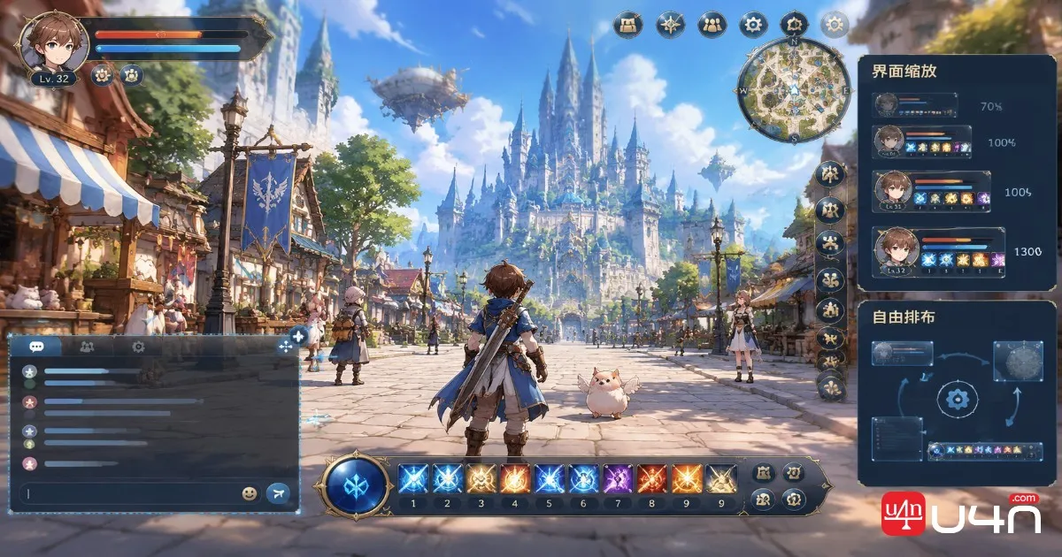 Fantasy MMORPG interface customization concept showing adjustable HUD panels and a movable chat window