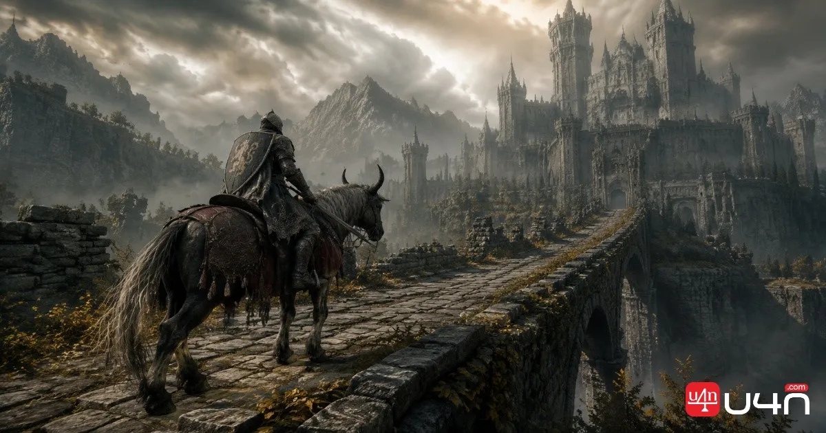 Elden Ring Tarnished riding Torrent through a castle landscape