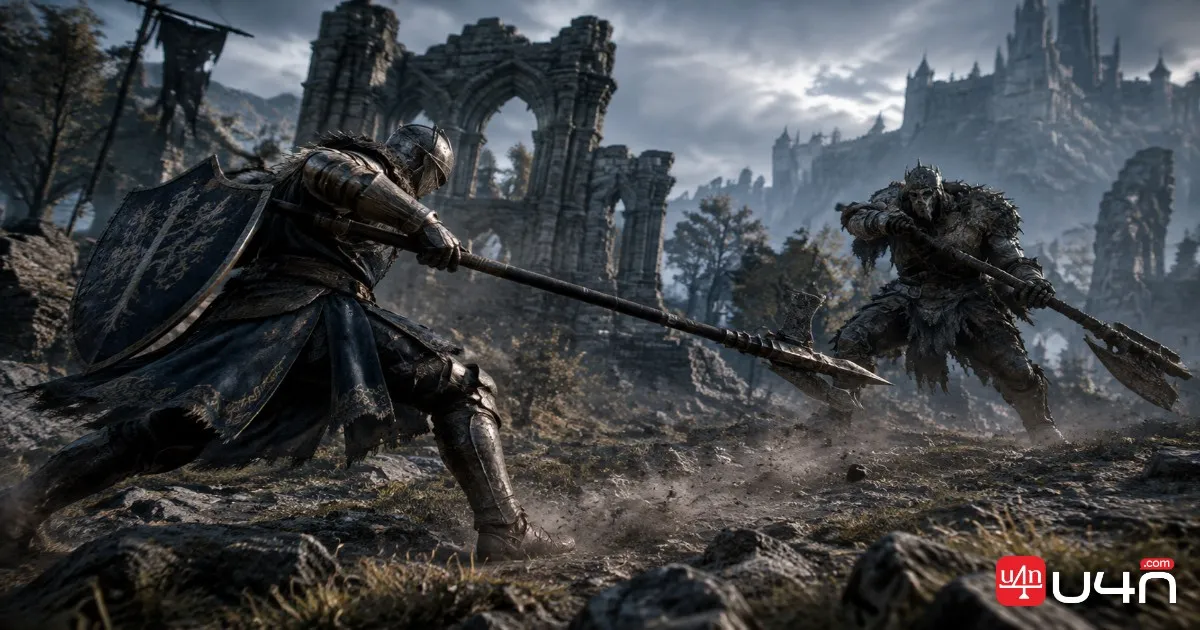 Elden Ring knight fighting with weapons and a shield among ruined stone structures