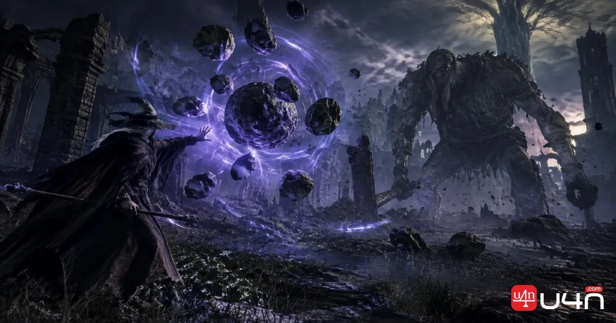 Elden Ring spellcaster using gravity magic against a large enemy in ancient ruins