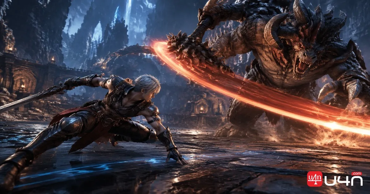 TERA-inspired action MMORPG combat between a warrior and a large monster