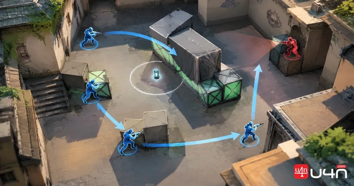 Tactical diagram showing four teammates positioned to support one another against a single opponent