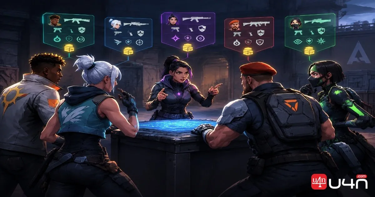 Five tactical shooter teammates considering weapons, armor, and utility during the buy phase