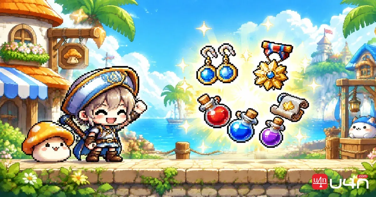 MapleStory Artale summer login rewards, equipment, and temporary potions displayed beside an adventurer