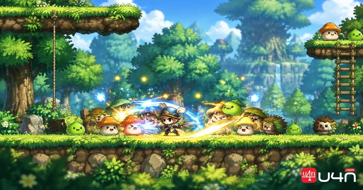 MapleStory Artale style adventurer fighting monsters during a limited-time EXP grinding session