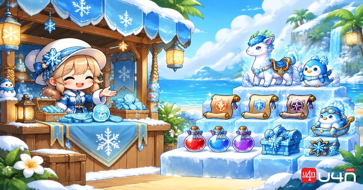 Fantasy MMORPG event merchant with Ice Coins, enhancement scrolls, and summer event rewards