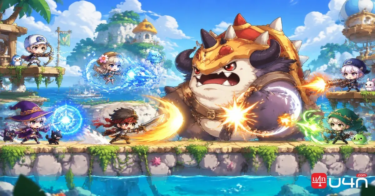 A group of fantasy MMORPG adventurers cooperating against a large summer event boss