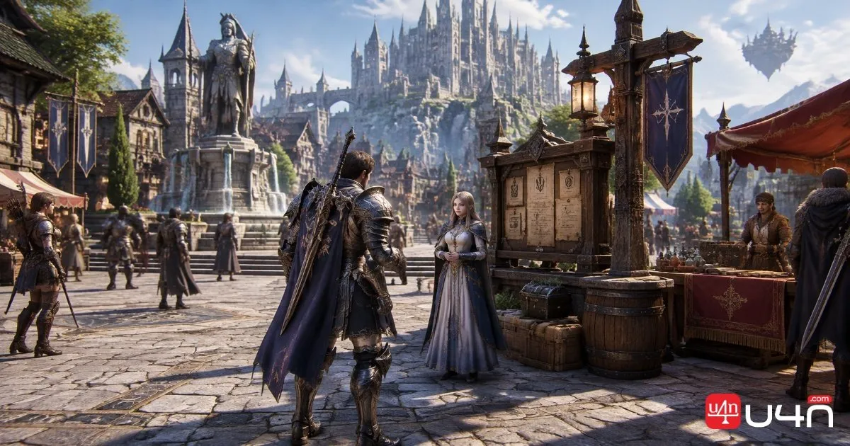 Lineage 2M fantasy adventurer preparing for daily quests in a town