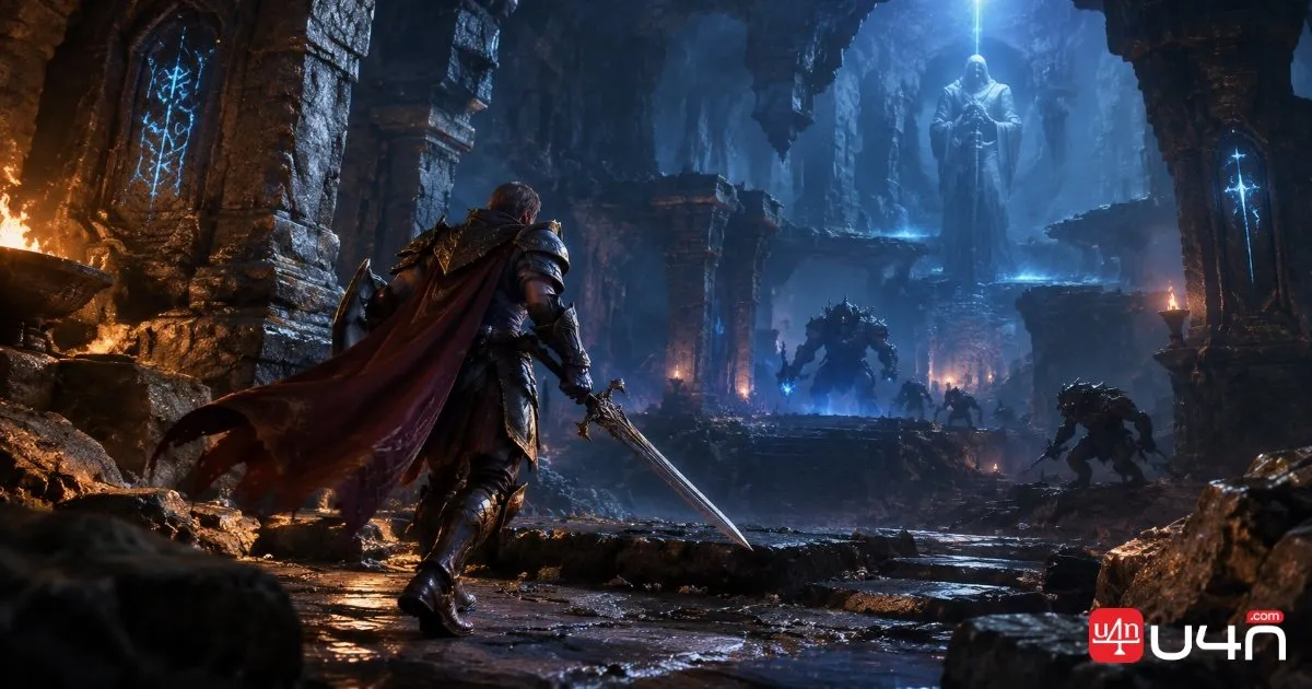 Lineage 2M adventurer exploring a fantasy dungeon filled with ancient stone structures