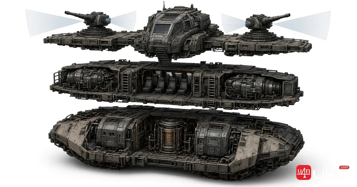 Layered SAND Raiders of Sophie Trampler construction showing the reactor floor, mobility systems, and upper weapon decks