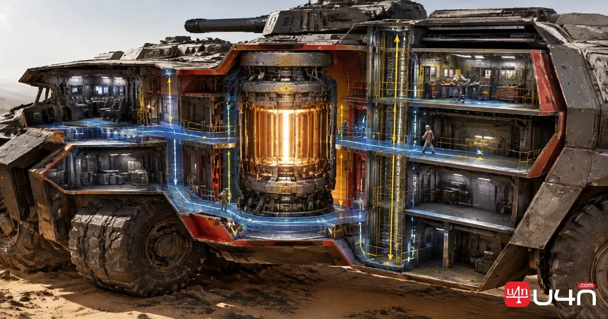 Cutaway view of a Trampler showing reactor protection, armored compartments, internal doors, and repair routes
