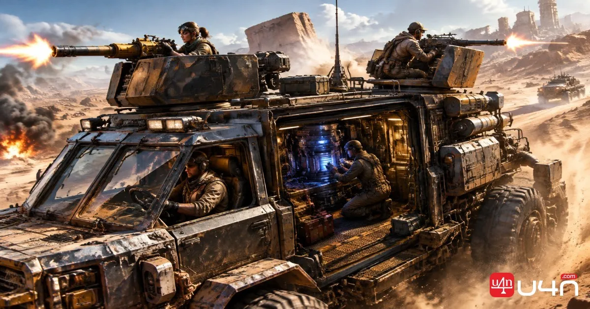 Four-player Trampler crew coordinating vehicle control, side-mounted cannons, and engineering repairs