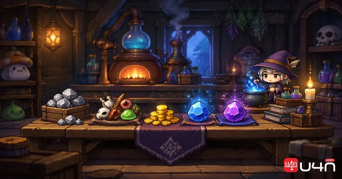 A classic pixel-art fantasy alchemist surrounded by Magic Rocks, Summoning Rocks, refined ore, and monster materials in a Sleepywood-inspired workshop.