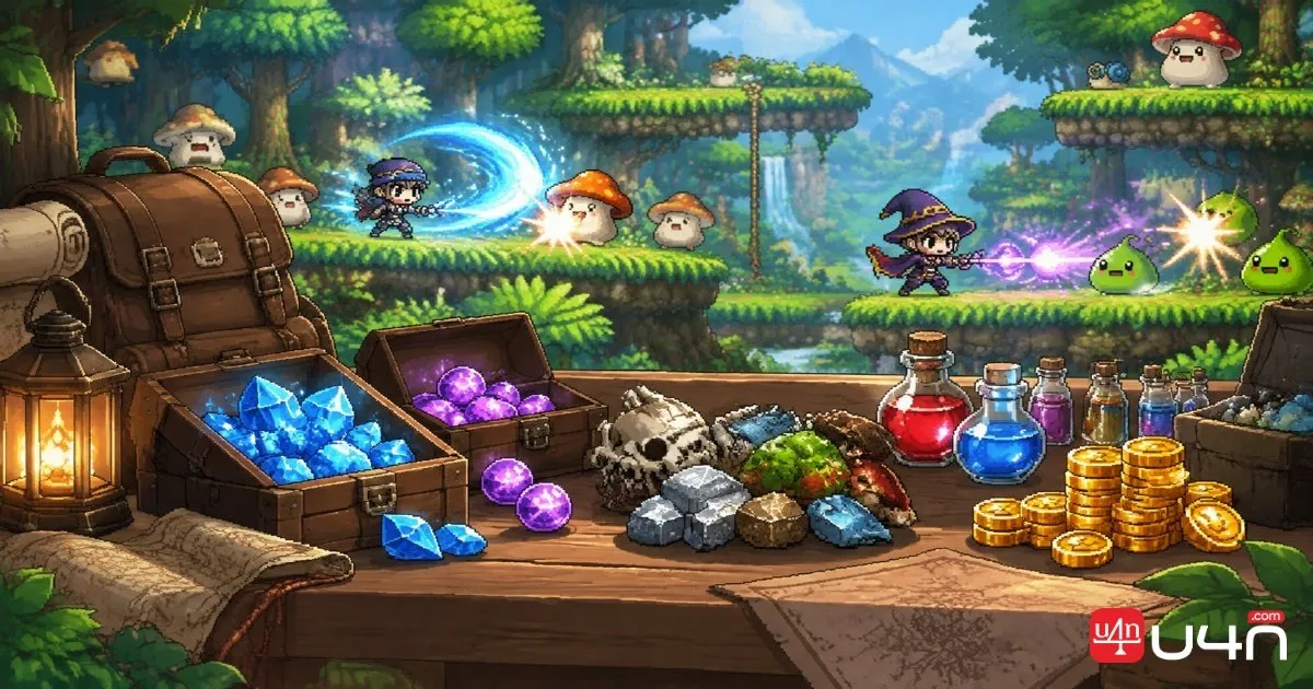 A classic pixel-art MMORPG adventurer organizing Magic Rocks, Summoning Rocks, ore, monster drops, and Mesos before a training session.