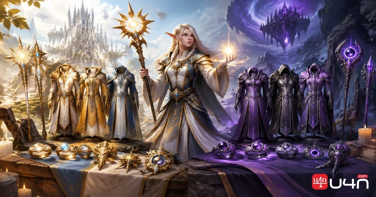 Priest cloth armor, magical staff, and equipment for healing and Shadow builds in WoW Forever