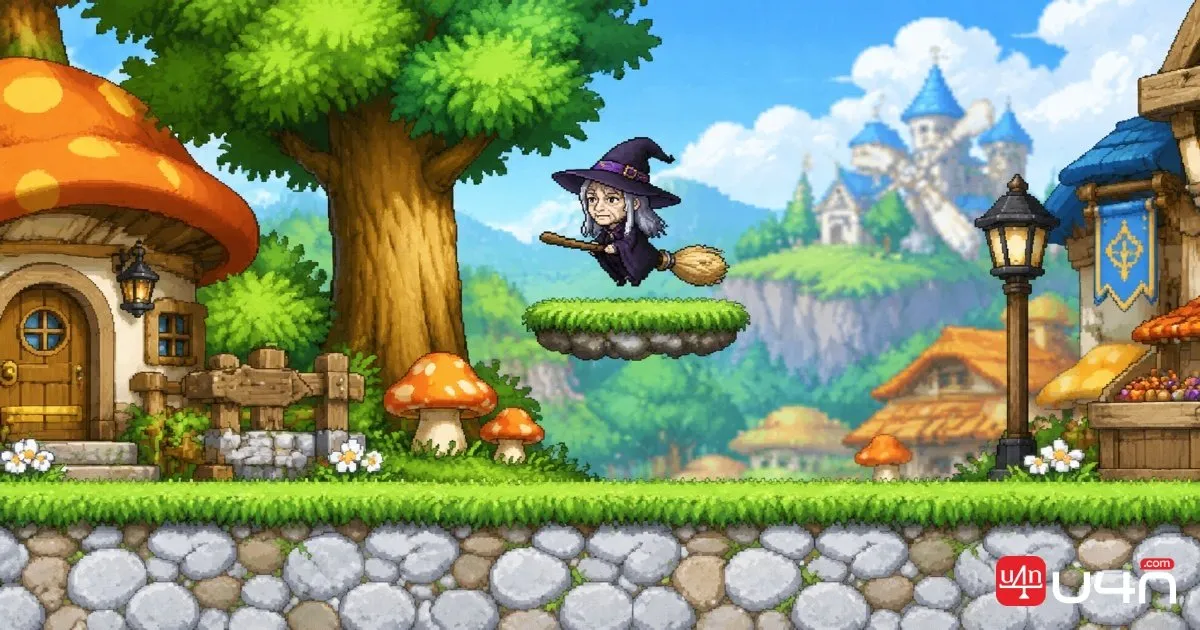 Melody the Halloween event NPC near a tree and floating platform in MapleStory Classic World
