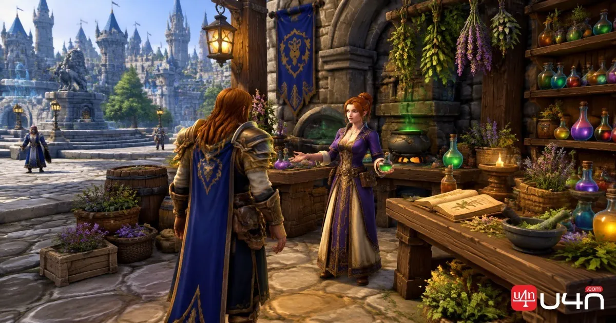 A WoW Forever character gathering herbs for Alchemy