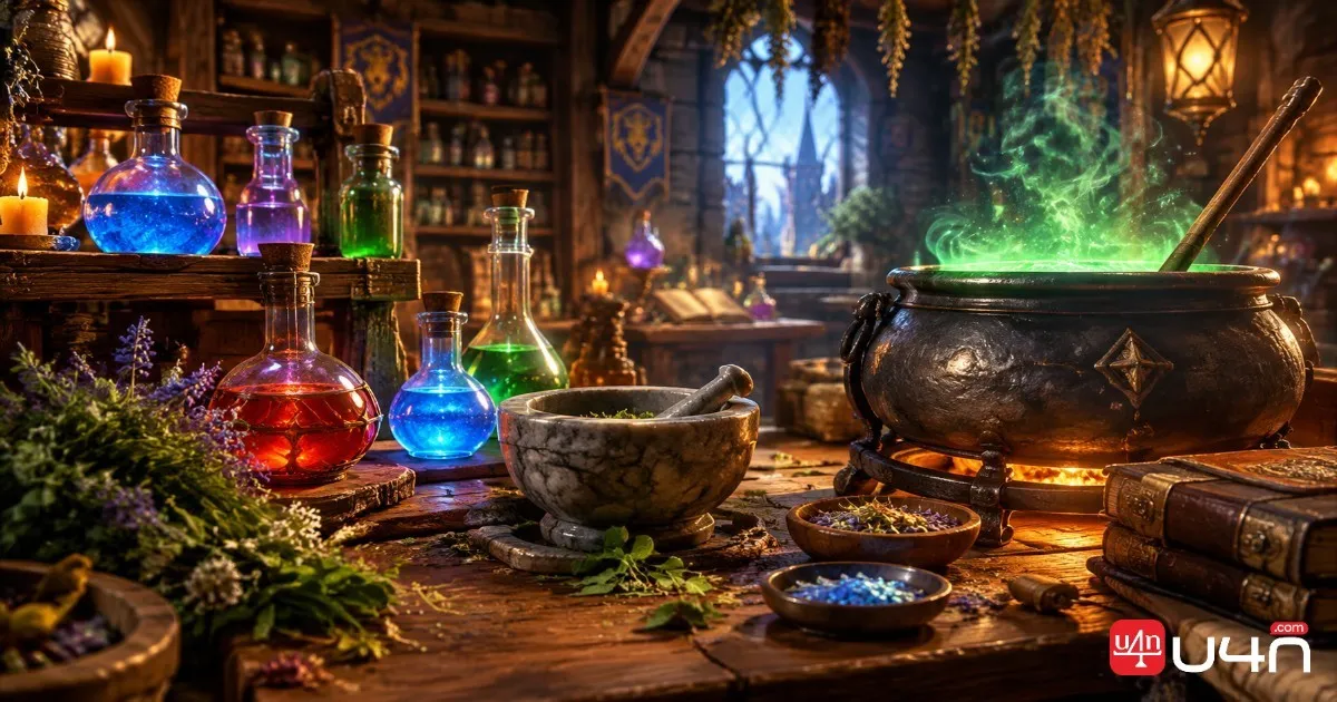 Alchemy potions, flasks, and transmutation materials in a fantasy crafting workshop