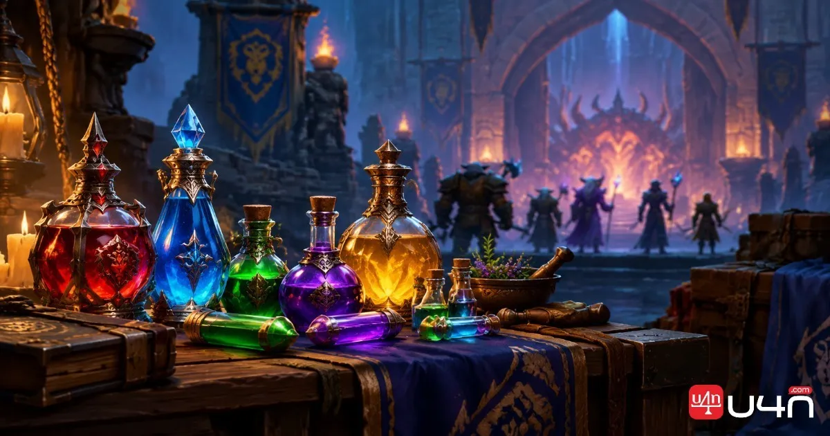 Alchemy potions, flasks, and transmutation materials in a fantasy crafting workshop