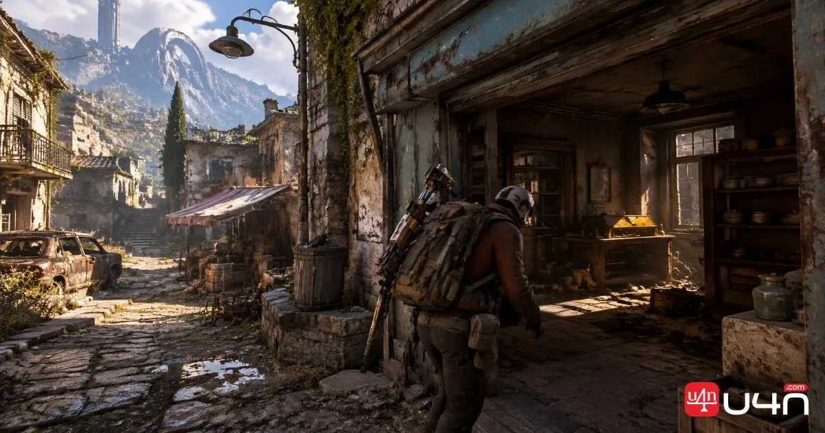 Raider exploring abandoned buildings in Old Town on Pendola Pass