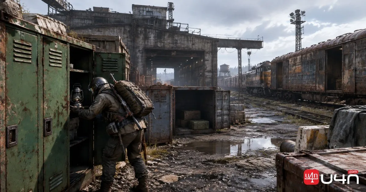 Raider searching lockers and trains at an abandoned railway yard in ARC Raiders
