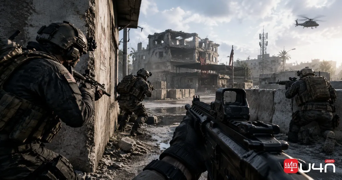 First-person shooter SMG combat near urban cover during a close-range engagement