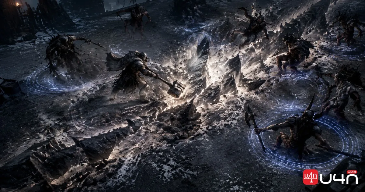 Path of Exile 2 Sunder Gemling using a heavy mace to create ground fissures and trigger additional area damage