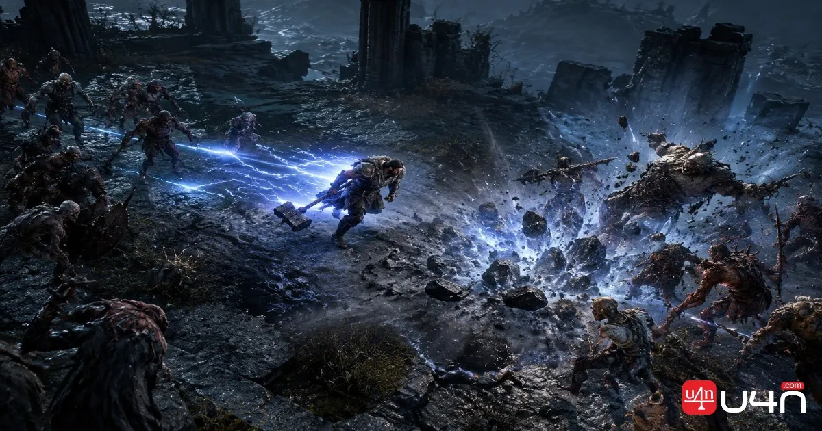 Path of Exile 2 Gemling warrior moving between enemies with Lightning Warp in a dark fantasy map