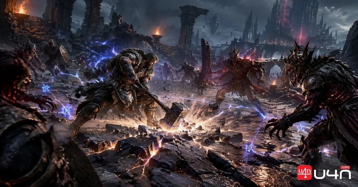 Path of Exile 2 Sunder Gemling facing an endgame monster group with a heavy mace and runic combat effects
