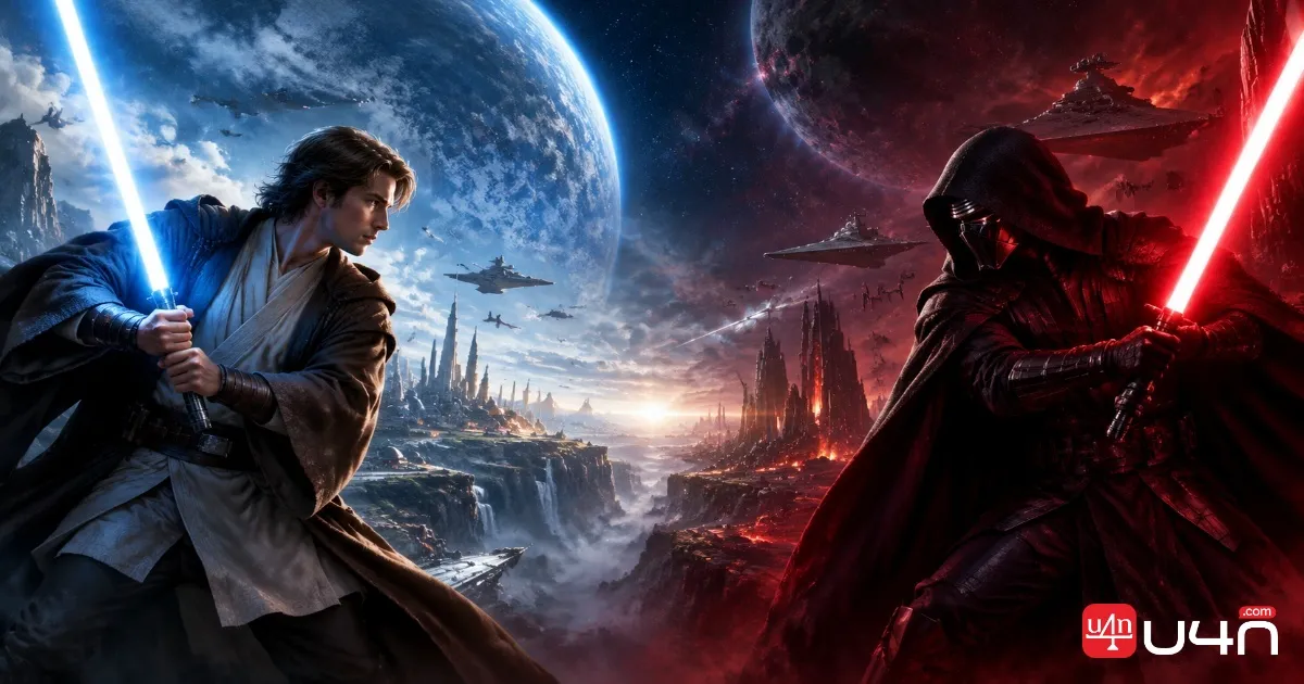Cinematic Star Wars The Old Republic cover scene showing Jedi and Sith facing opposing directions across a vast galaxy, with distant planets, dramatic starlight, and a clear light-versus-dark contrast