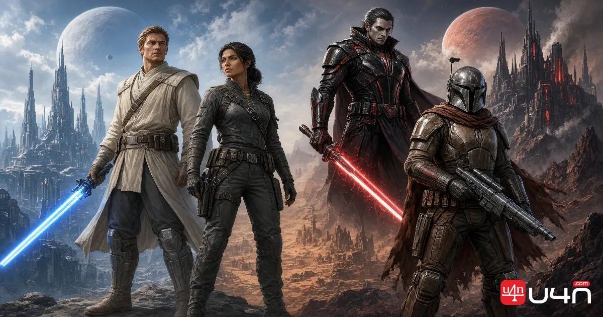 A group of SWTOR class characters representing Jedi Knight, Sith Warrior, Smuggler, Trooper, Imperial Agent, and Bounty Hunter, arranged in a cinematic lineup with distinct weapons and faction-inspired environments