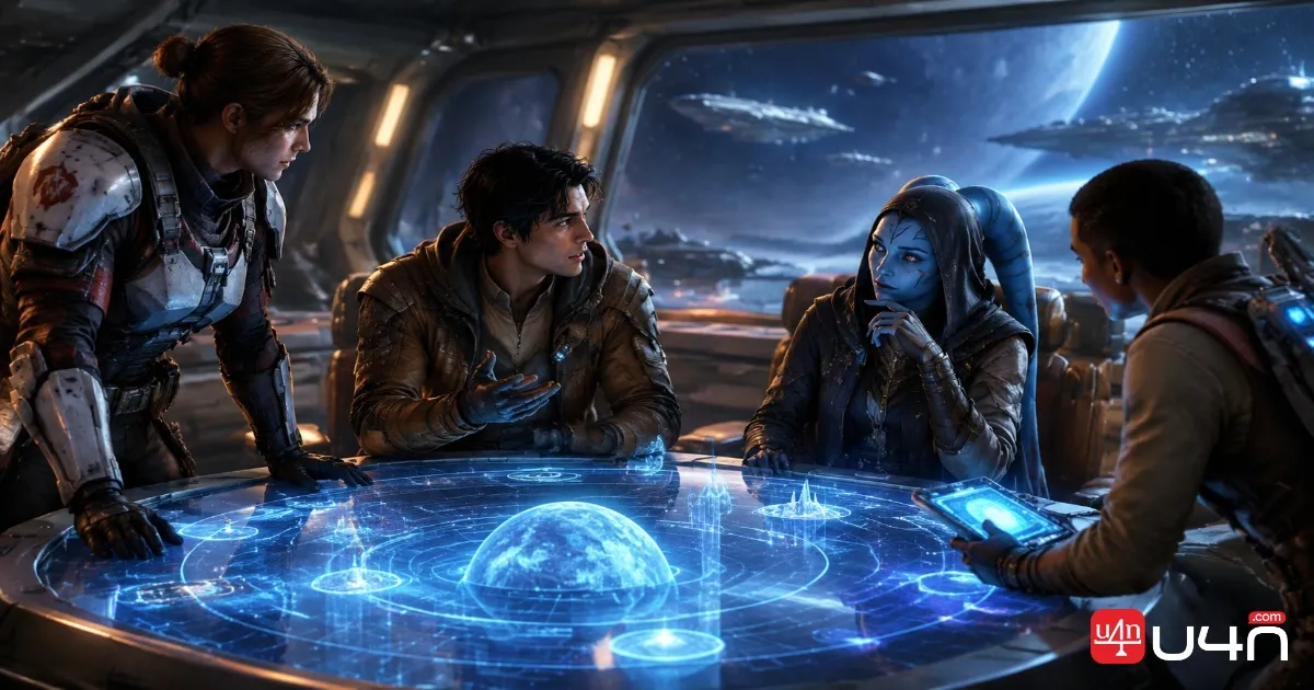 A SWTOR player character talking with a companion aboard a starship or in a quiet planetary setting, with expressive character poses and cinematic dialogue-scene framing