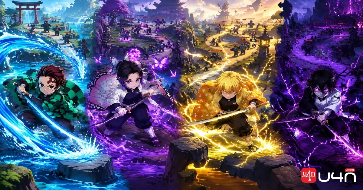 Tanjiro, Shinobu, Kaigaku, and Zenitsu units in All Star Tower Defense X