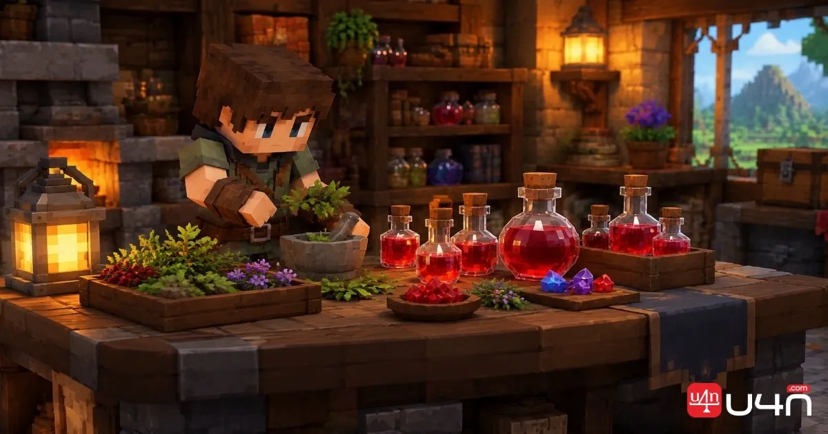 A Hytale-style alchemy workbench with red health potions, herbs, and crafting materials