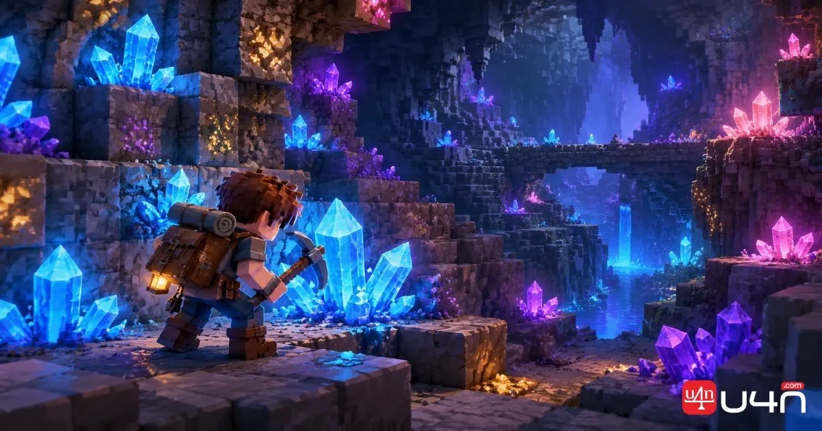 A Hytale-style adventurer gathering glowing blue, purple, and pink crystals in a rocky cave