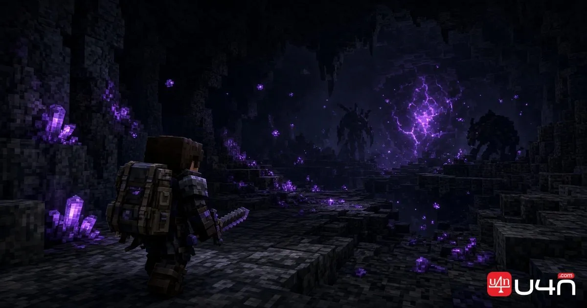 A Hytale-style adventurer exploring a dark underground cave with purple void energy and dangerous creatures in the distance