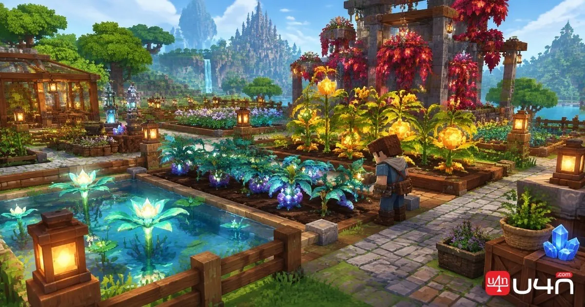 A Hytale-style alchemy farm with specialized fantasy plants, water, gold blocks, and a tidy growing area