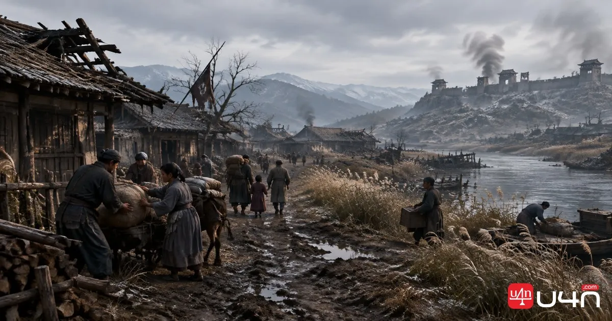 War-damaged village and displaced civilians in a Chinese wuxia setting